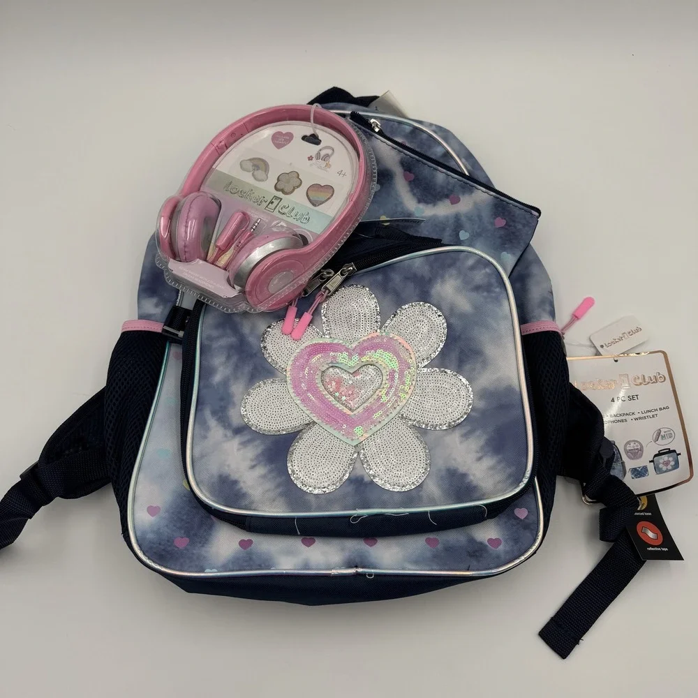 Locker Club 4 Piece Backpack Set Lunch Bag Headphones Blue Tie Dye NWT